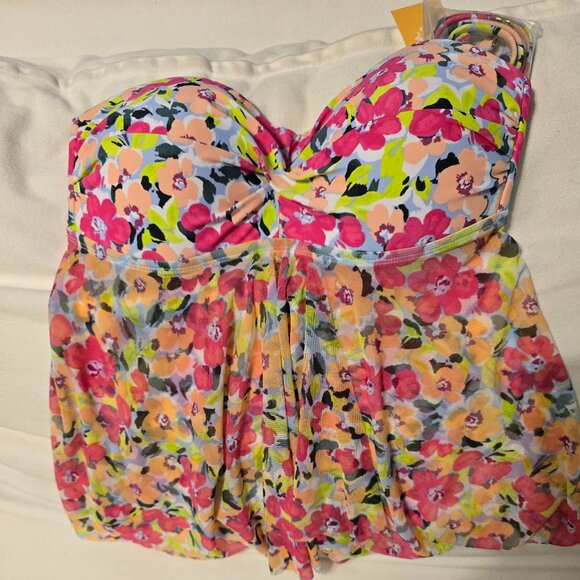 *Kona Sol* Tankini Top Women's Small - Multi Floral Print Padded Spaghetti Strap - Picture 1 of 5